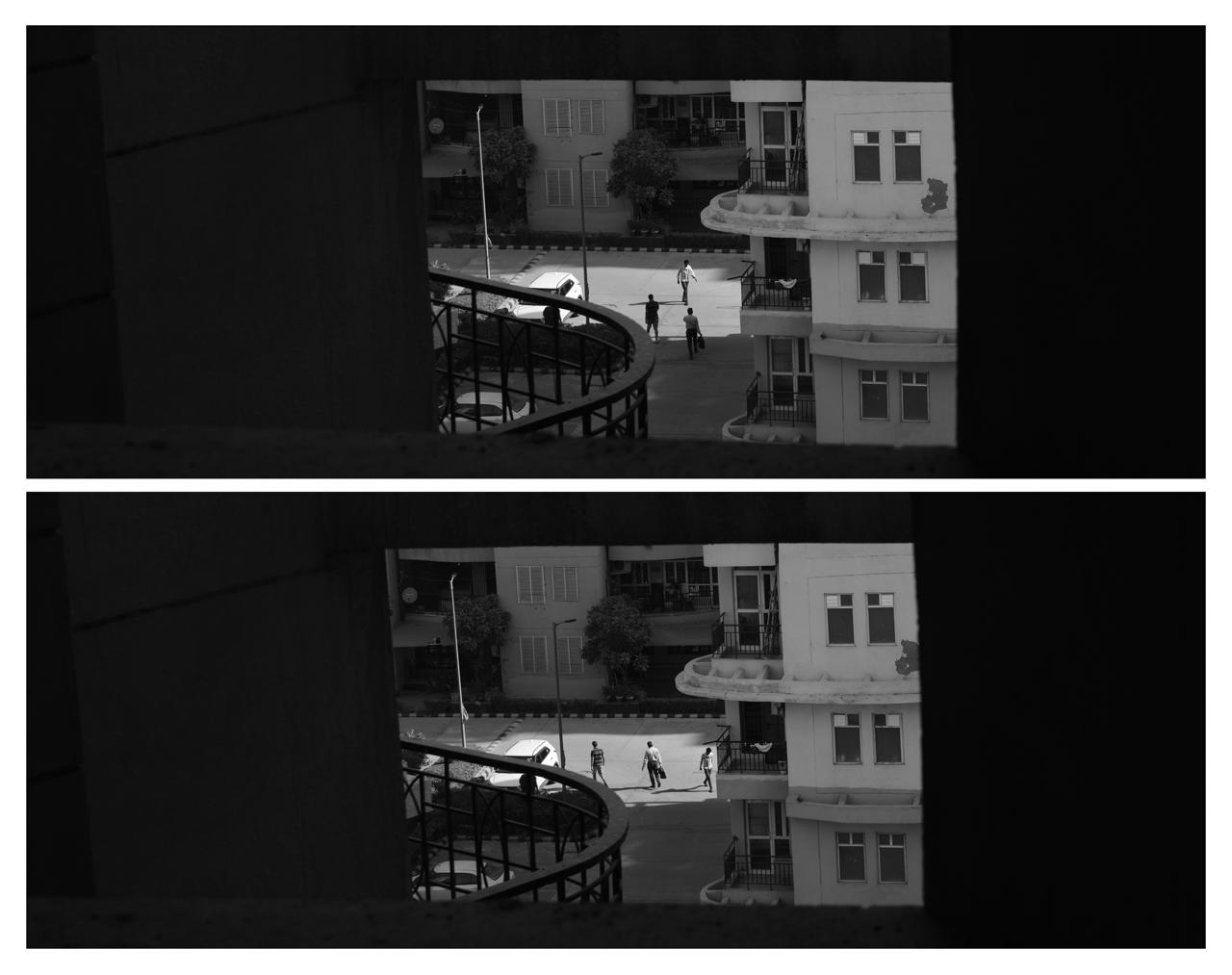 Diptych showing the same architectural frame at two moments, figures walking
