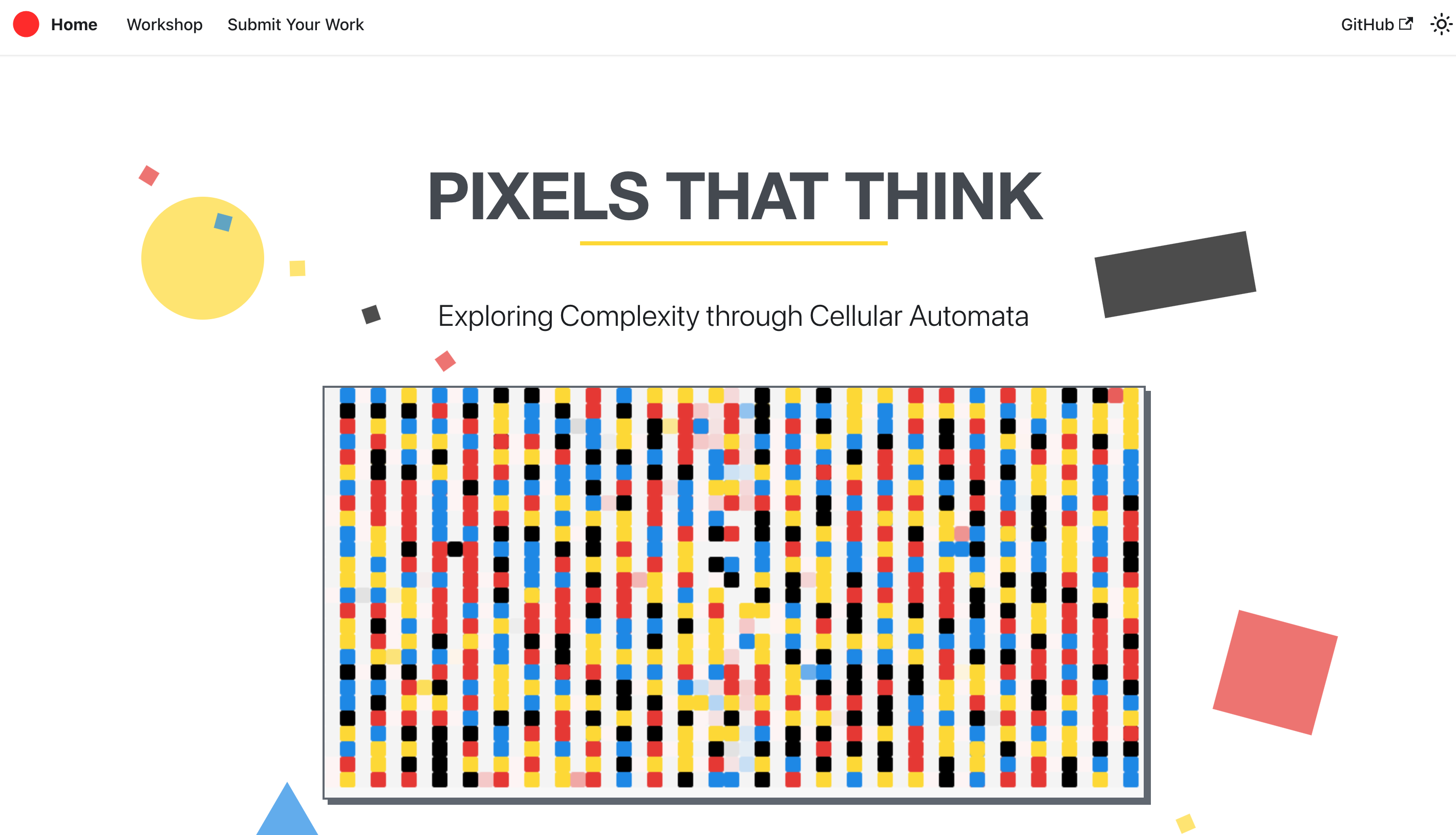 Workshop site homepage showing Pixels That Think title with colourful cellular automata pattern